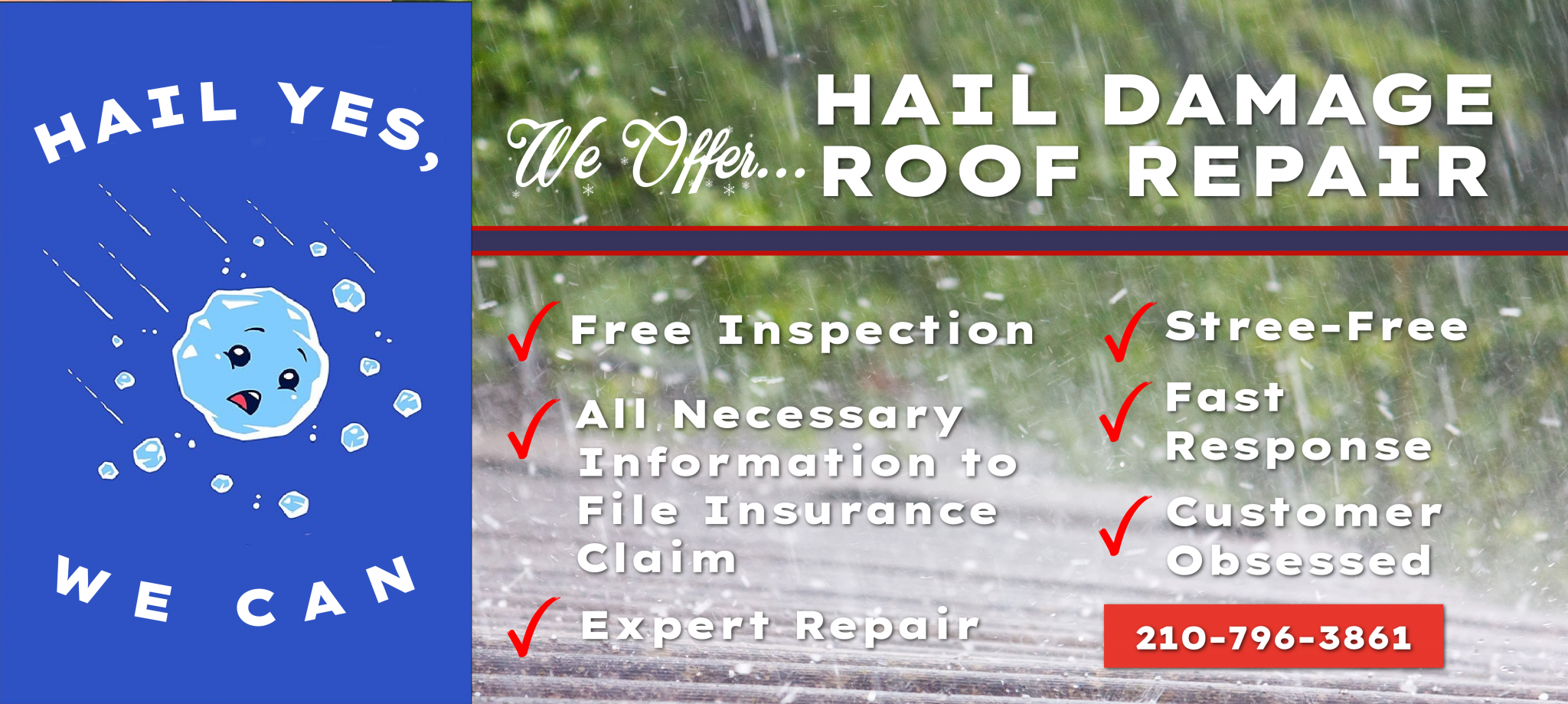 Roof being hit by hail with WeatherTech's offer for hail damage repairs, free inspections, and phone number.
