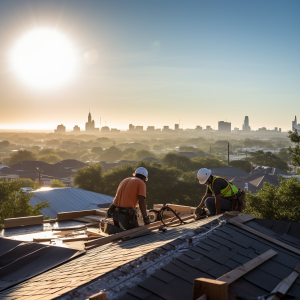 A high-quality image of a WeatherTech Roofing team working diligently on a roof with the San Antonio skyline in the background.